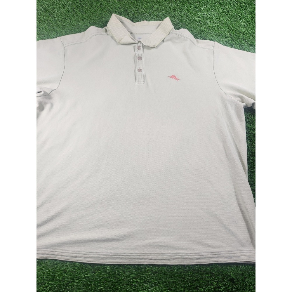 Tommy Bahama Polo Shirt Mens 2XL Beige Short Sleeve Cotton Marlin Logo Casual